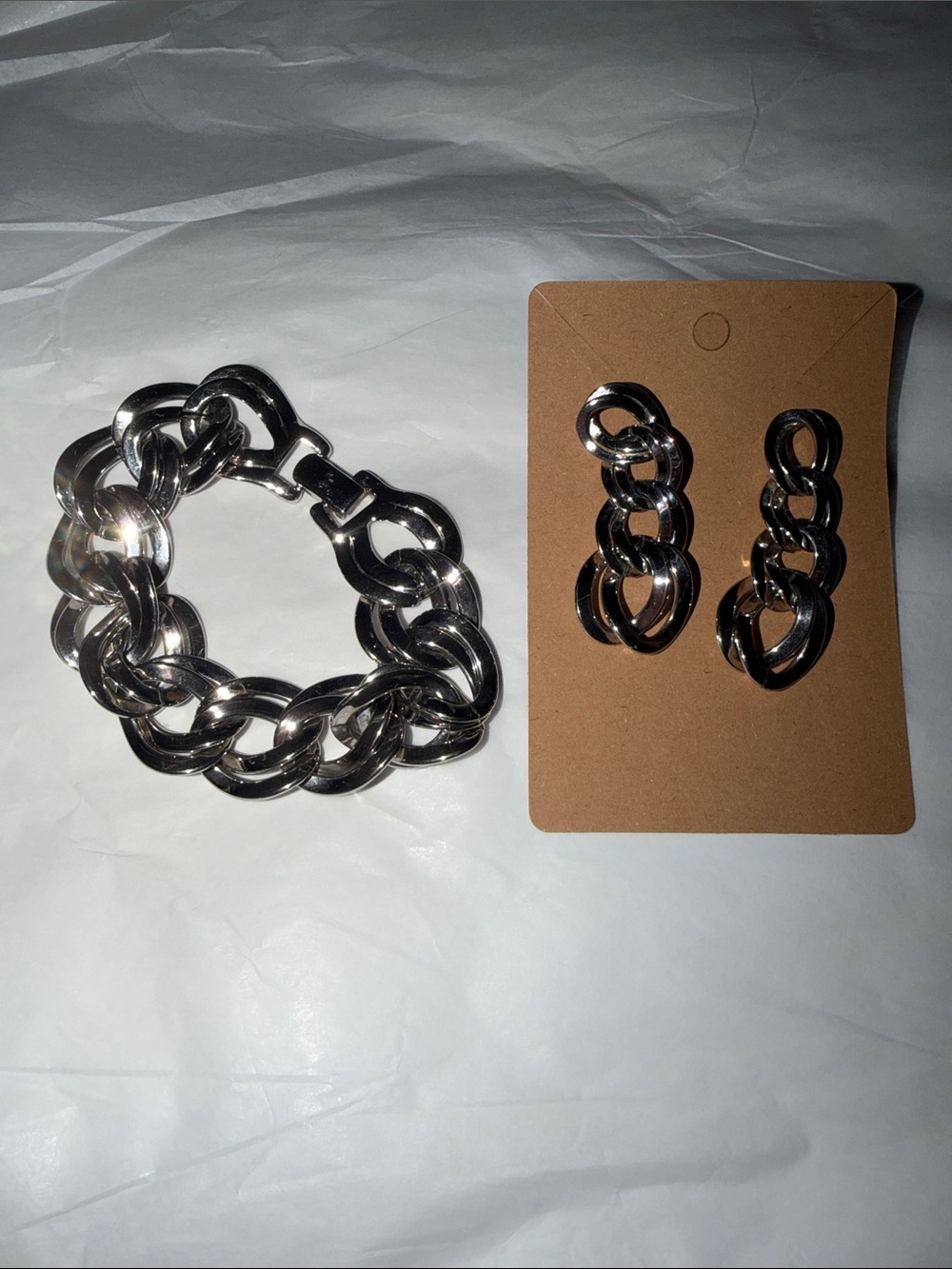 Vintage Monet Silvertone Link Chain Bracelet and Earrings Set